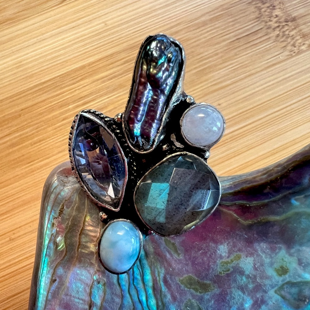 Silver Multi-Stone Ring With Lab & Larimar - image 1